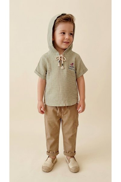 BENBİLGE Boy's Sailing Embroidered Muslin Hooded T-Shirt and Cotton Trousers Two-Piece Set