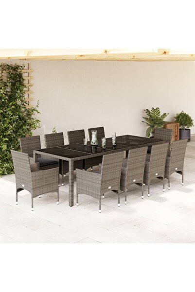 vidaxl Set mobilier de gradina cu perne 11 piese gri poliratan&sticla