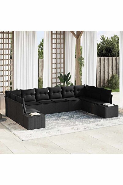 vidaxl Set de canapele pentru gradina cu perna 10 pcs Negru poliratan