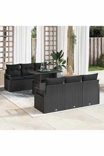vidaxl Set de canapele pentru gradina cu perna 7 pcs Negru Rattan poli