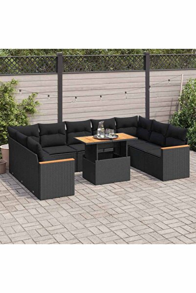 vidaxl Set canapele de gradina cu perne, 10 piese, negru, poliratan