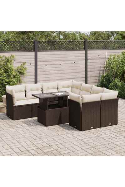 vidaxl Set canapele de gradina cu perne, 9 piese, maro, poliratan