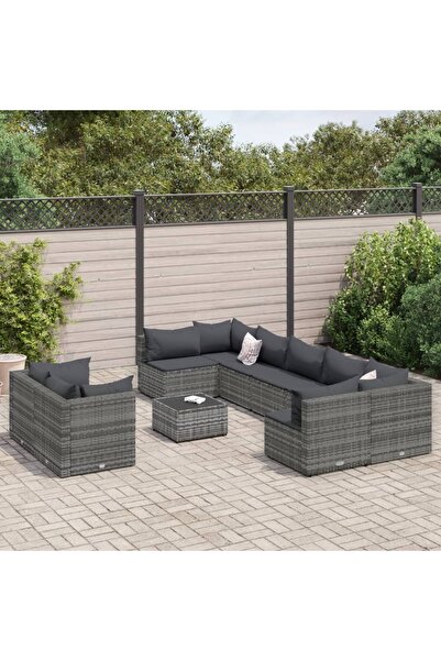vidaxl Set mobilier de gradina cu perne, 10 piese, gri, poliratan