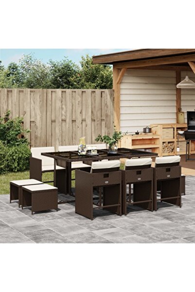 vidaxl Set mobilier de gradina cu perne, 11 piese, maro, poliratan