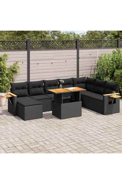vidaxl Set mobilier gradina perne 9 piese negru poliratan/lemn acacia