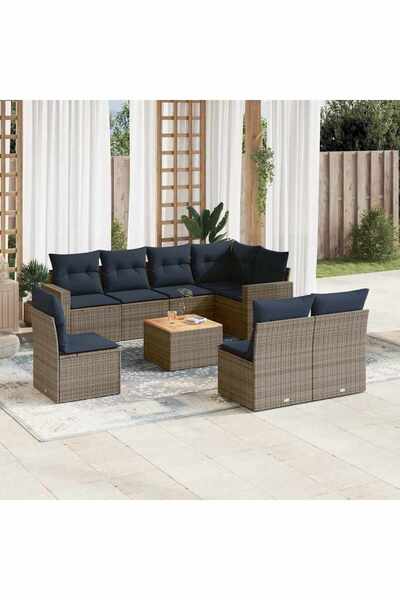 vidaxl Set canapele de gradina, 9 piese, cu perne, gri, poliratan
