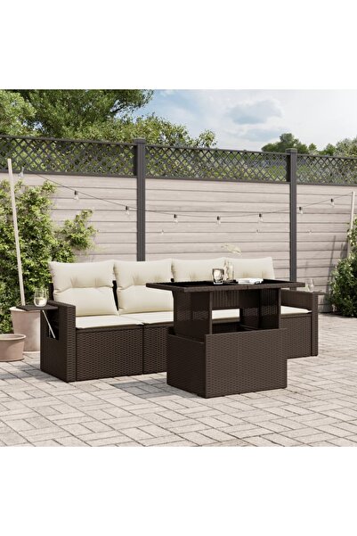 vidaxl Set canapele de gradina cu perne, 5 piese, maro, poliratan