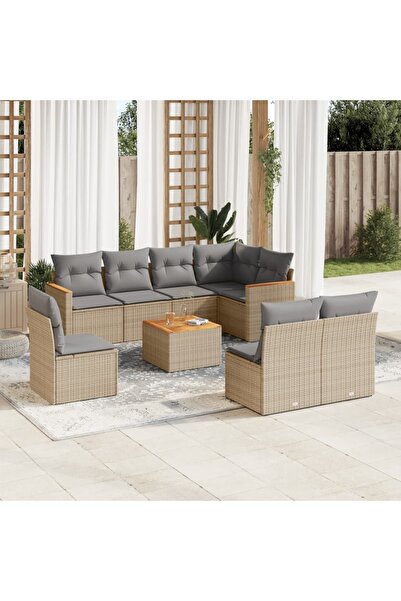 vidaxl Set canapele de gradina, 9 piese, cu perne, bej, poliratan