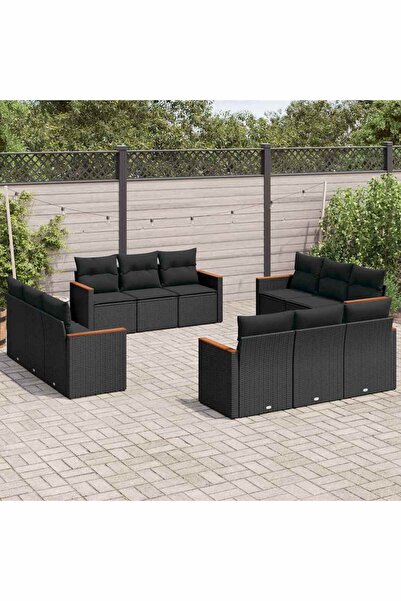 vidaxl Set canapele de gradina, 12 piese, cu perne, negru, poliratan