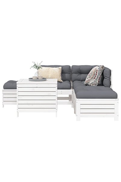 vidaxl Set canapea de gradina, 6 piese, alb, lemn masiv pin