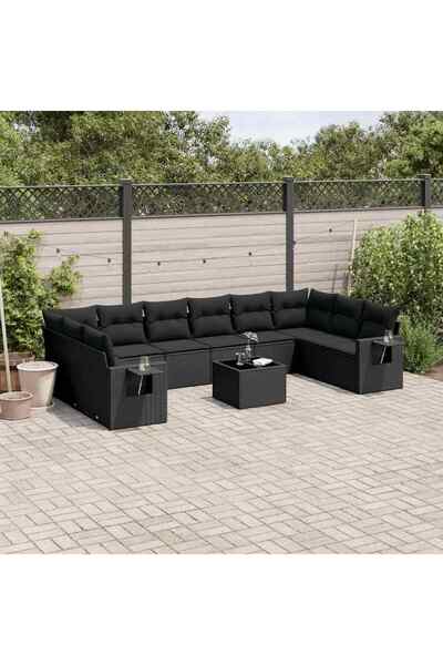 vidaxl Set canapele de gradina cu perne, 11 piese, negru, poliratan