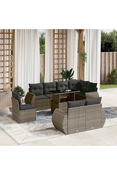 vidaxl Set canapele de gradina, 9 piese, cu perne, gri, poliratan