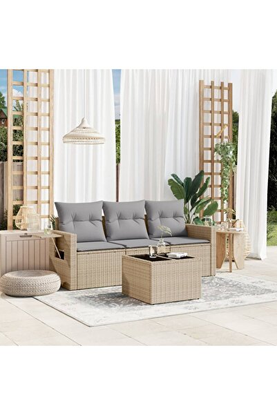 vidaxl Set canapele de gradina, 4 piese, cu perne, bej, poliratan