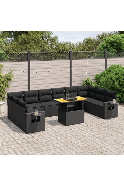 vidaxl Set canapele de gradina cu perne, 11 piese, negru, poliratan