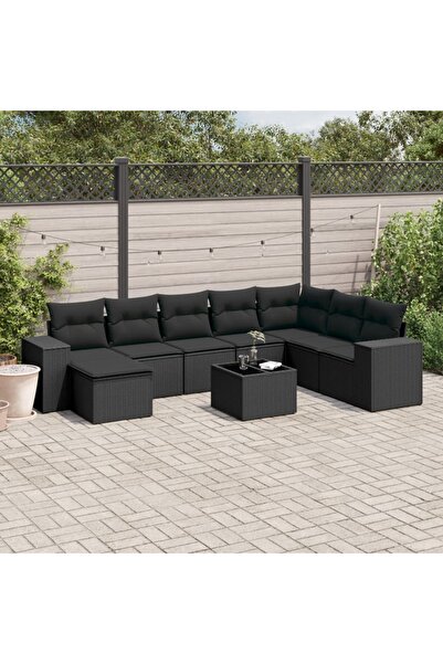 vidaxl Set mobilier de gradina cu perne, 9 piese, negru, poliratan