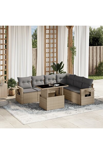 vidaxl Set canapele de gradina, 7 piese, cu perne, bej, poliratan