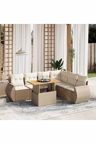 vidaxl Set canapele de gradina, 7 piese, cu perne, bej, poliratan