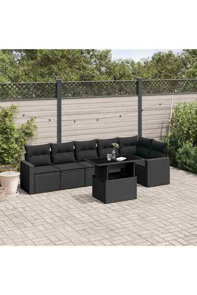 vidaxl Set canapele de gradina cu perne, 7 piese, negru, poliratan