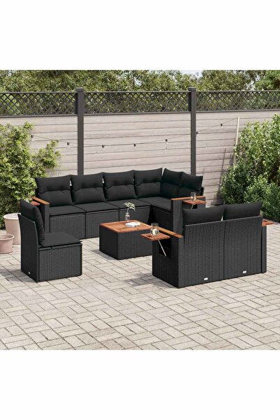 vidaxl Set mobilier de gradina cu perne, 9 piese, negru, poliratan