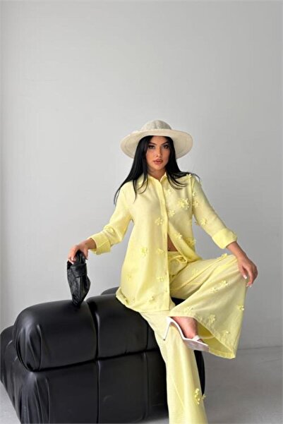 Neşeli Butik Women's Yellow Floral Appliqué Double Linen Fabric Set Nbms2642