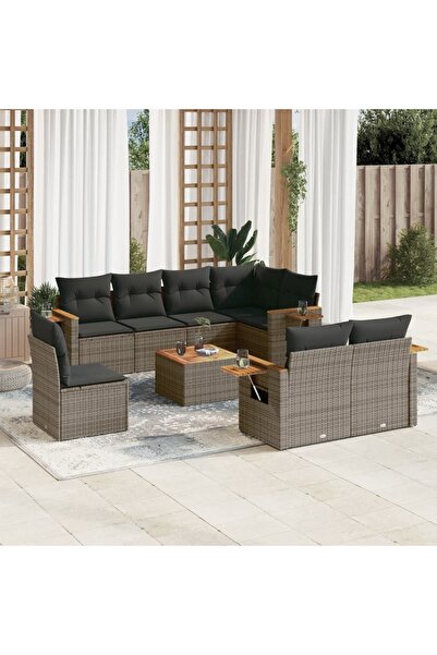 vidaxl Set canapele de gradina, 9 piese, cu perne, gri, poliratan