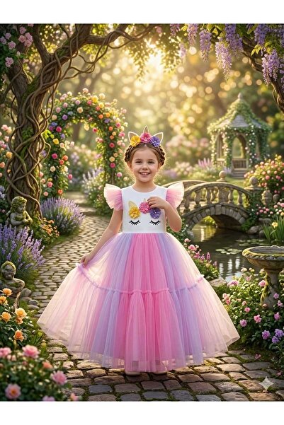 Lina Baby Bloom Kız Çocuk Unicorn Detaylı Tütü Elbise Prenses Kostüm Üstü Bey...