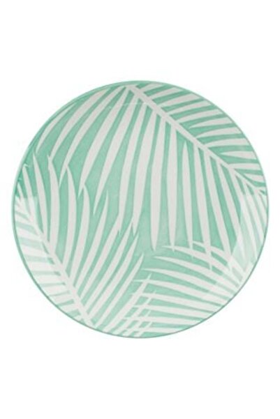 SHOPIENS Green Porcelain Dinner Plate with White Tropical Leaves 19 cm