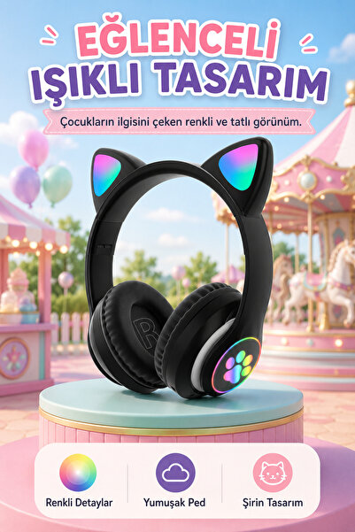 Zeo7 Kablosuz Sevimli Kedili Kulaklık TF Kart Aux Bluetooth Destekli Kulaküst...