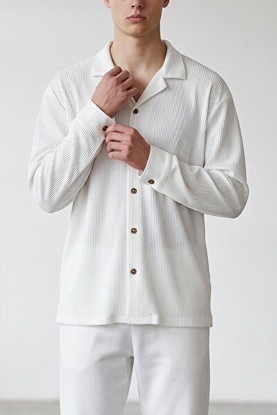 modasende Men's White Ottoman Fabric Long Sleeve Relaxed Fit Shirt