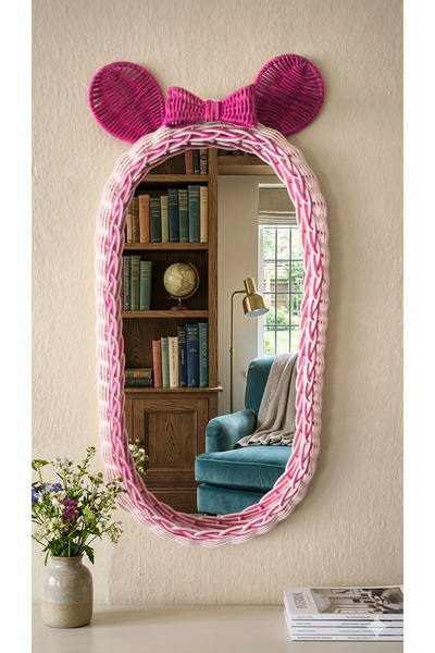 Niobehome Rattan Pembe Fiyonklu Mickey Mouse Ayna