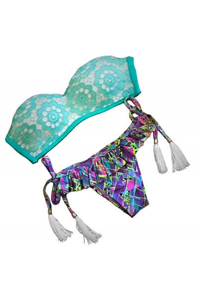 VeeShop BOHO swimsuit with green lace and multicolor skirted briefs