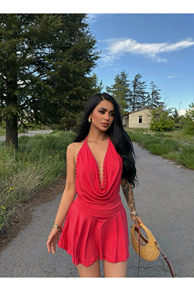 kırmızı butiks Pomegranate Flower Degaje Dress with Droplu Shorts