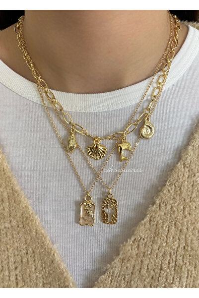 aksesuaris 3'lü Gold Charm Deniz Kabuğu Mineli Kaktüslü Kolye Set