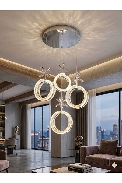 AURA LIGHTING Krom Alyans Model 4'Lü Sarkıt 3 Renk LED Kumandalı Modern Salon...