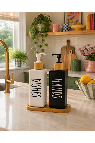 wishhome Bambu altlıklı ikili kare cam sıvı sabunluk deterjan seti(500ml+500ml)