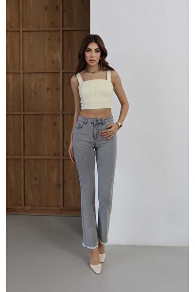 Paçası Püsküllü Likralı Mini Flare Jean Pantolon