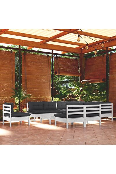 vidaxl Set mobilier gradina cu perne, 11 piese, alb, lemn masiv pin