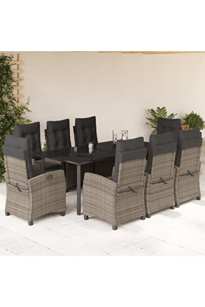 vidaxl Garden furniture set with cushions, 9 pieces, grey, polyrattan