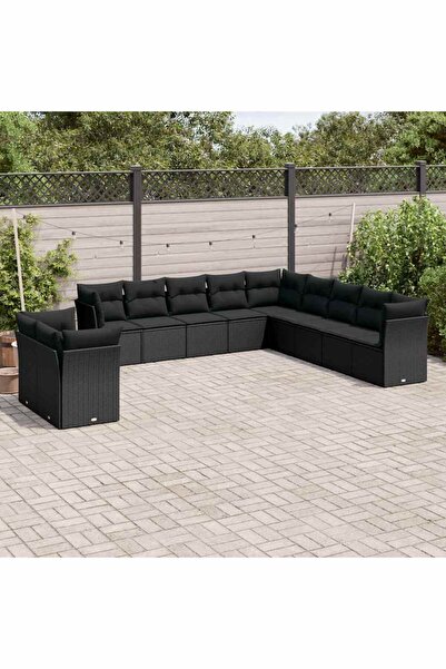 vidaxl Garden sofa set with cushions, 11 pieces, black, polyrattan