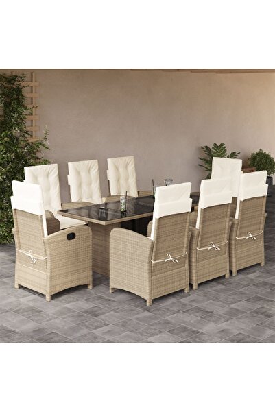 vidaxl Set de masa pentru gradina, 9 piese, cu perne, bej, poliratan