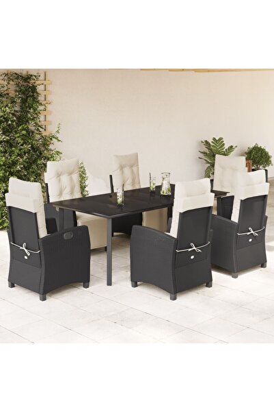 vidaxl Garden furniture set with cushions, 7 pieces, black, polyrattan