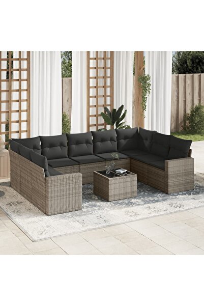 vidaxl Garden furniture set with cushions, 10 pieces, grey, polyrattan