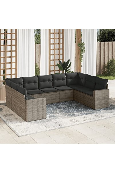 vidaxl Set canapele de gradina, 9 piese, cu perne, gri, poliratan