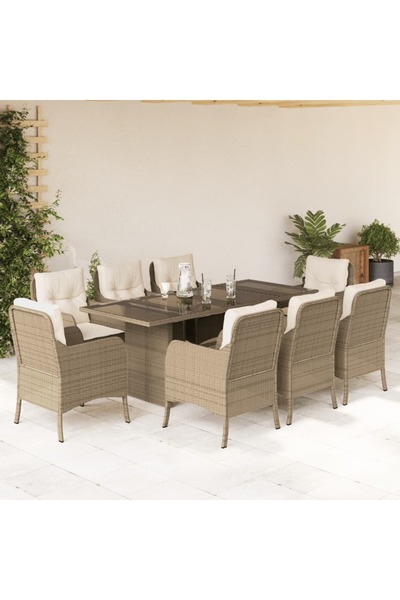 vidaxl Set de masa pentru gradina, 9 piese, cu perne, bej, poliratan