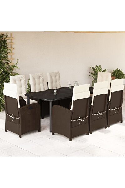 vidaxl Set mobilier de gradina cu perne, 9 piese, maro, poliratan