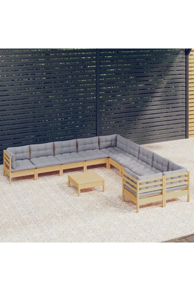 vidaxl Set mobilier gradina cu perne, 11 piese, gri, lemn de pin