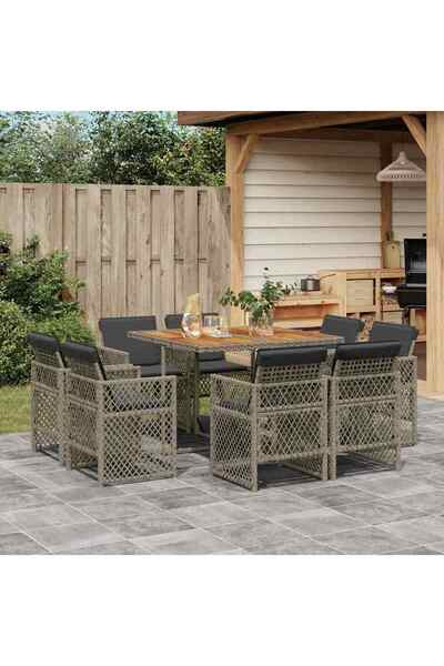 vidaxl Garden furniture set with cushions, 9 pieces, grey, polyrattan