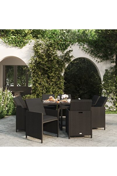 vidaxl Set mobilier de gradina cu perne, 9 piese, negru, poliratan