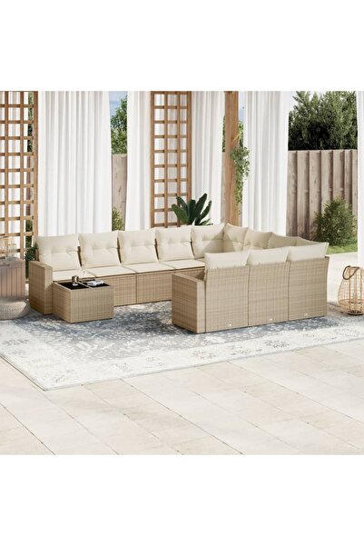 vidaxl Garden sofa set with cushions, 11 pieces, beige, polyrattan