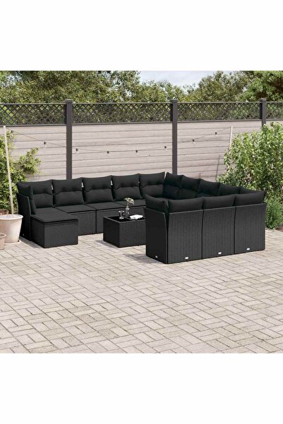 vidaxl Set mobilier de gradina cu perne, 13 piese, negru, poliratan